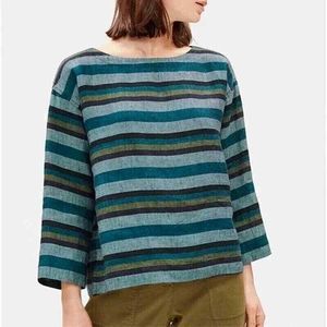 Eileen Fisher  Womens Teal Multi Stripe Organic Linen Bateau Neck Blouse Sz L